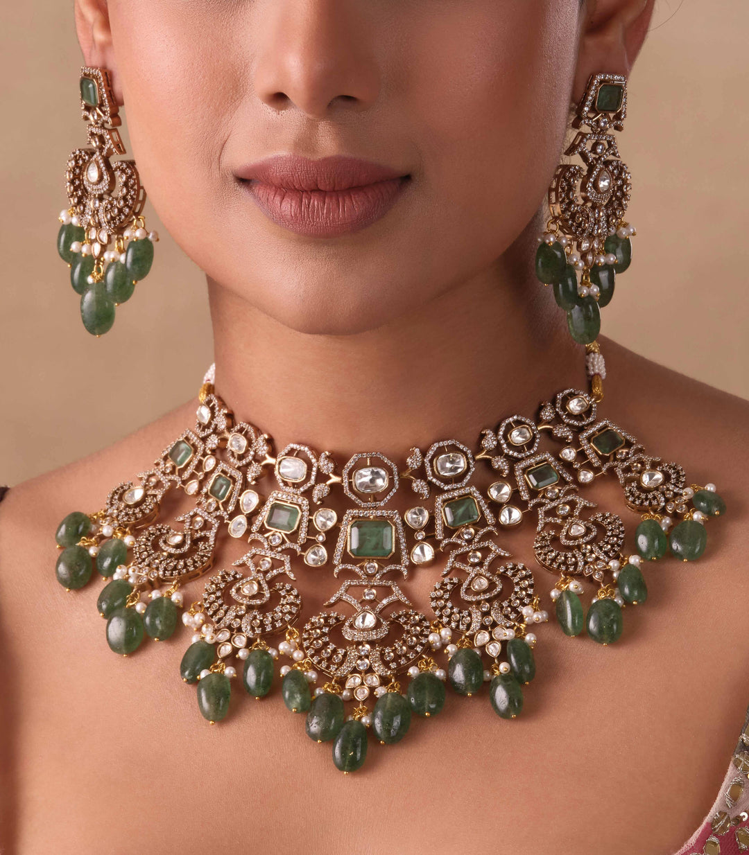 AADYA ANTIQUE FINISH GREEN POLKI NECKLACE SET