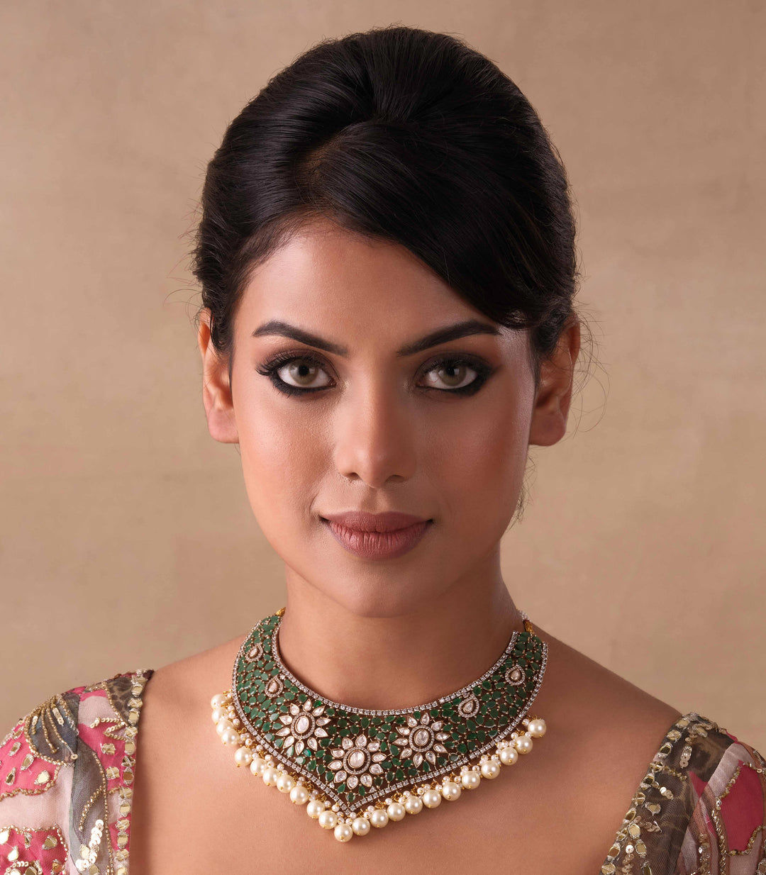 TANISHKA GREEN POLKI NECKLACE SET WITH PEARLS