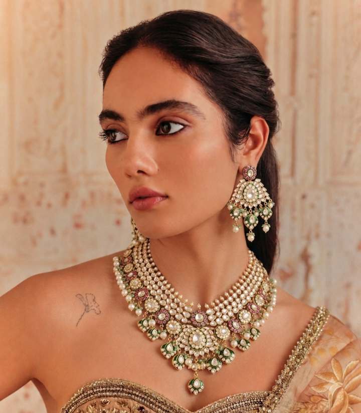 RUBINA RED & GREEN MOISSANITE LONG NECKLACE SET