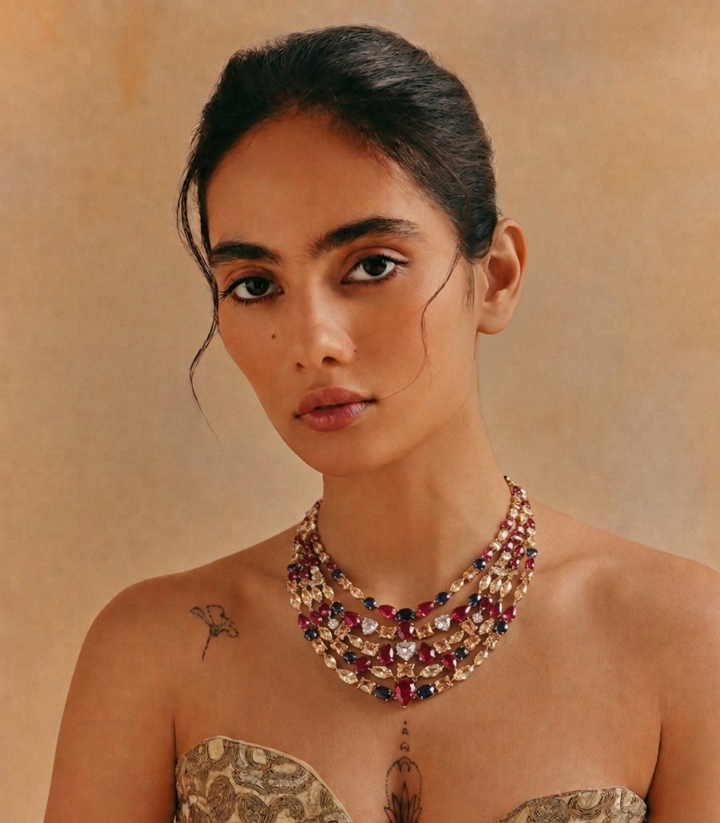 AADHIYASHREE SILVER FINISH MULTI COLOUR NECKLACE SET
