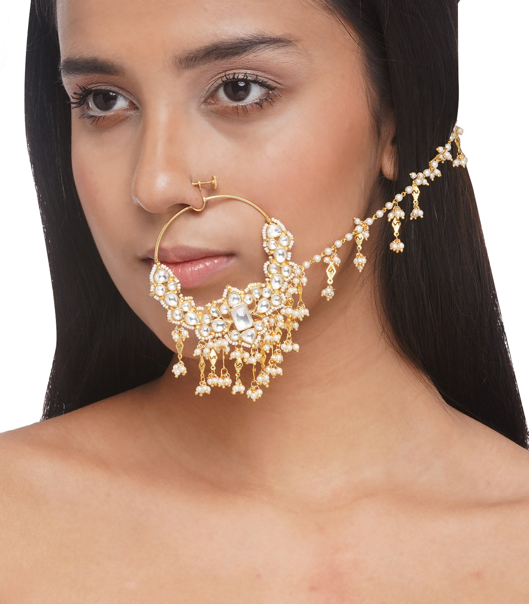 CHANDNI GOLD PLATED WHITE KUNDAN NOSERING WITH PEARLS