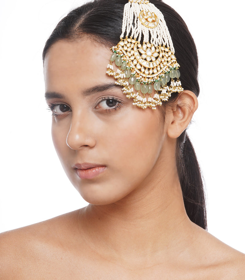 GOLD PLATED GREEN KUNDAN PASSA WITH GREEN & WHITE DROPS