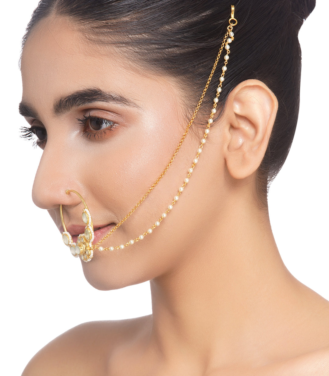 GOLD PLATED KUNDAN FLOWER NOSE RING