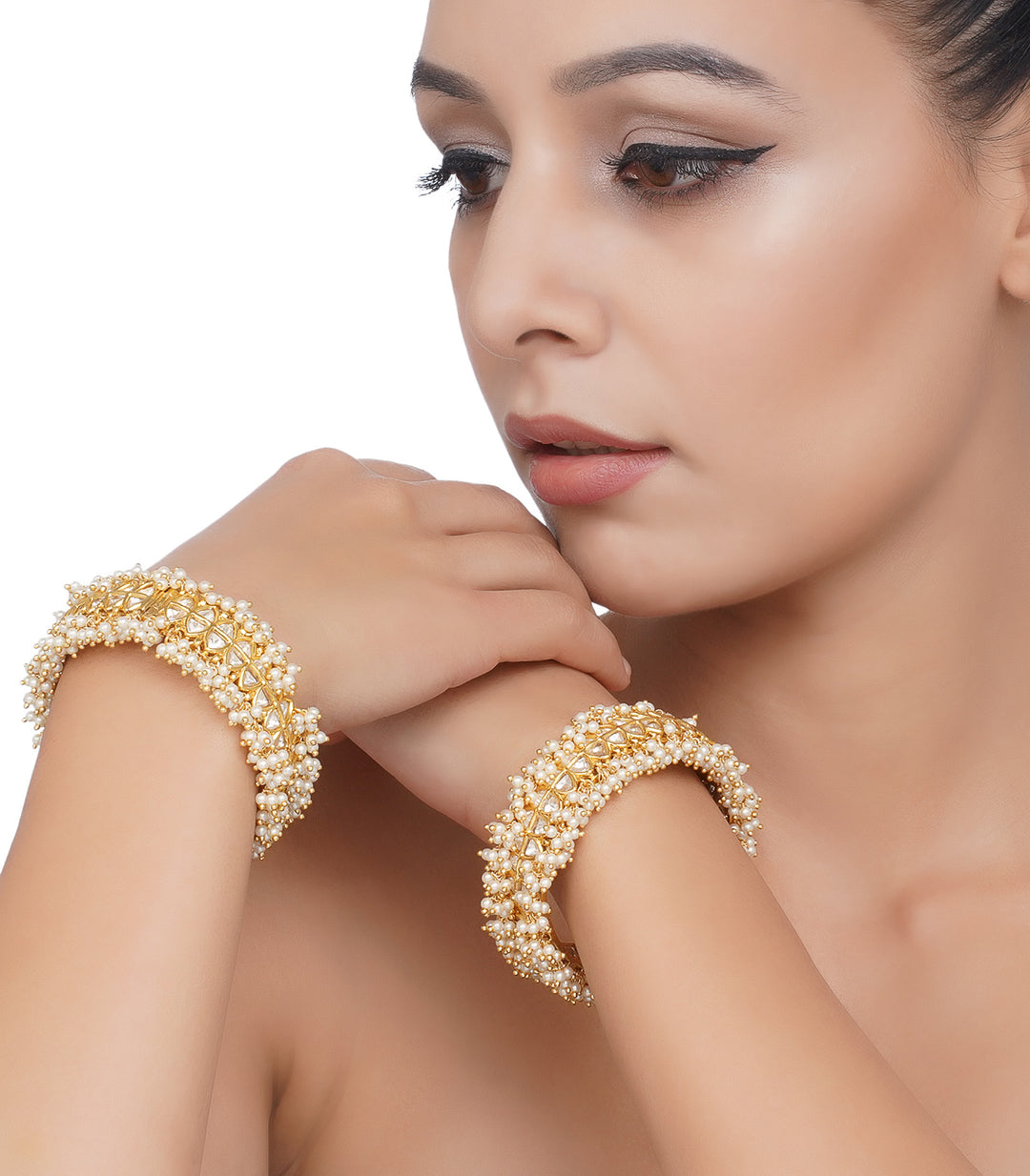 GOLD PLATED TWO LINE KUNDAN BANGLES WITH PEARLS