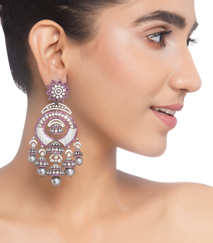 VINTAGE FINISH PINK  ZIRCON EARRING WITH SMALL JHUMKIS