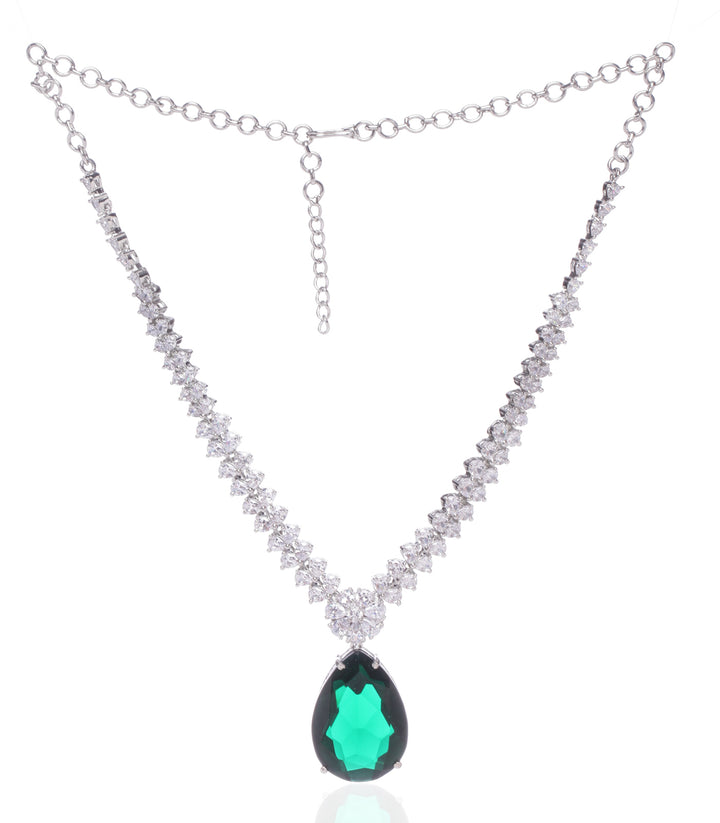 SILVER FINISH EMERALD GREEN DROP NECKLACE SET