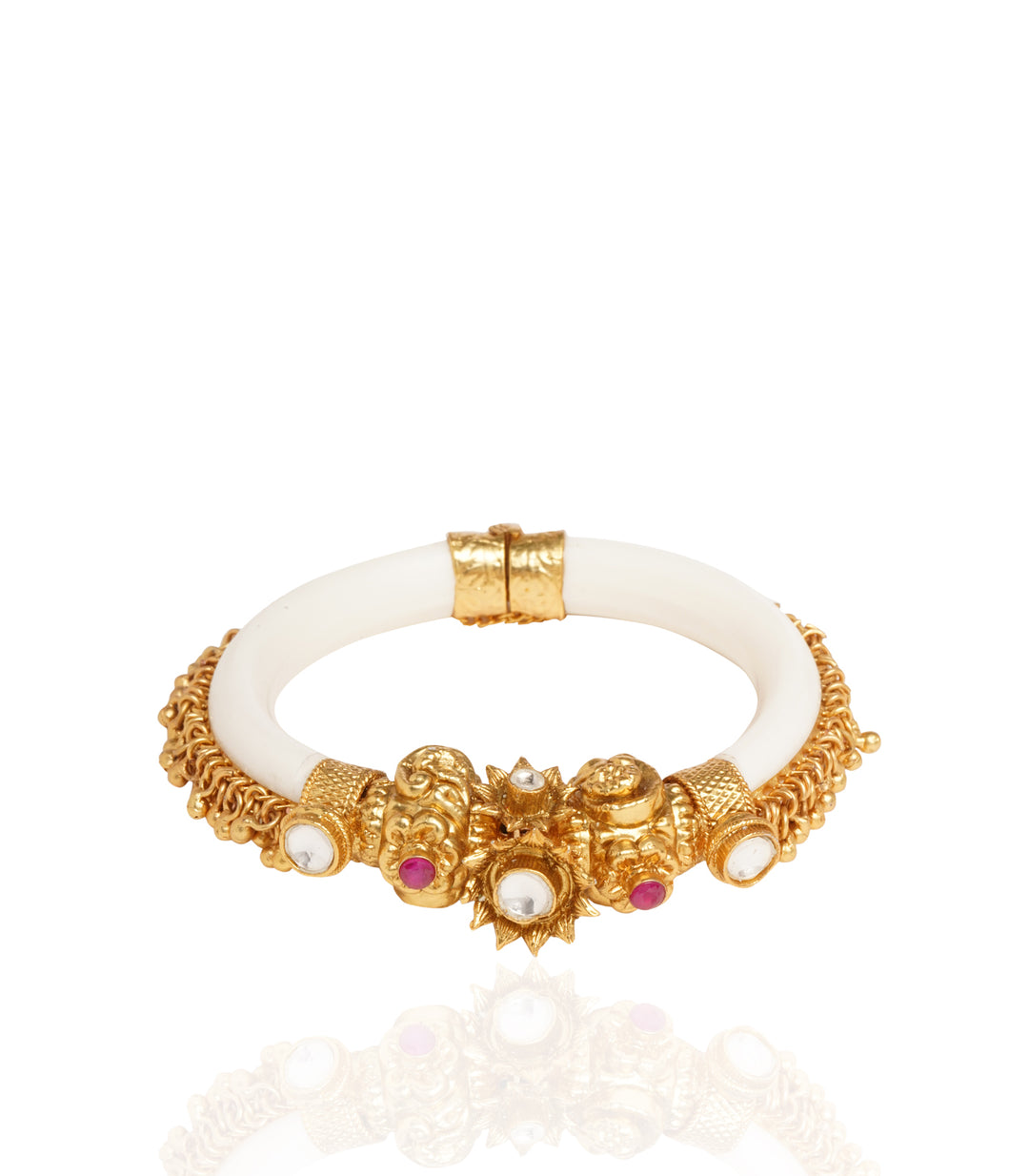 GOLD PLATED RED TEMPLE BANGLE WITH SMALL GHUNGROOS