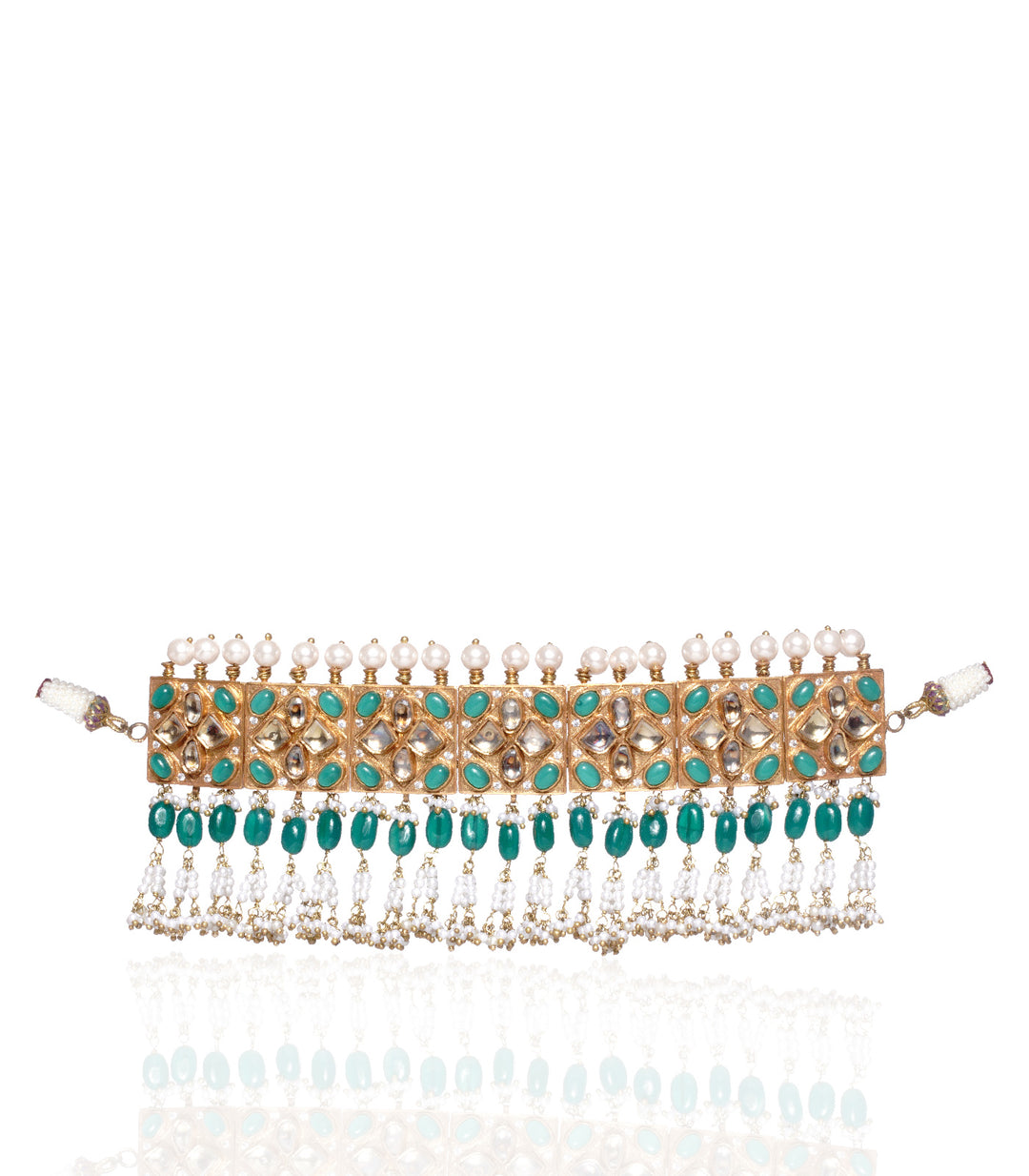 GOLD PLATED GREEN KUNDAN CHOKER NECKLACE SET WITH GREEN & WHITE PEARLS DROPS