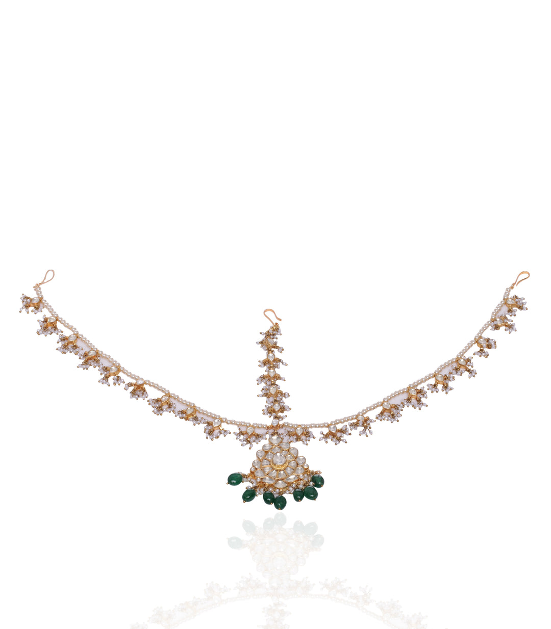 GOLD PLATED GREEN KUNDAN MATHA PATTI WITH SINGLE LINE PEARLS  AND GREEN ONYX DROPS