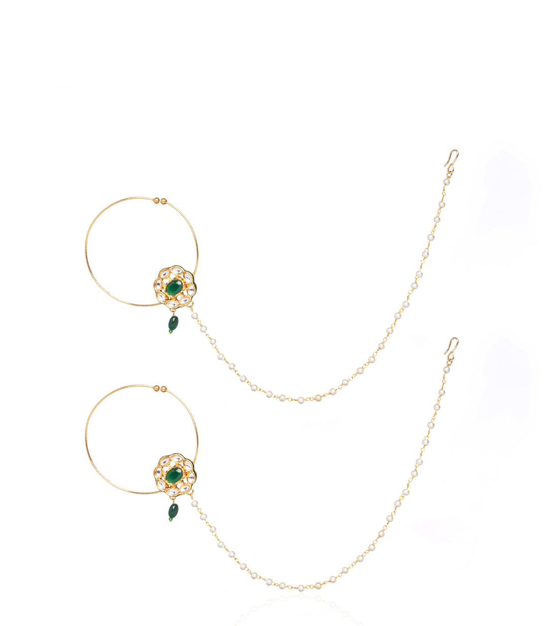 CHANDNI GOLD PLATED  GREEN KUNDAN NOSERING WITH PEARLS