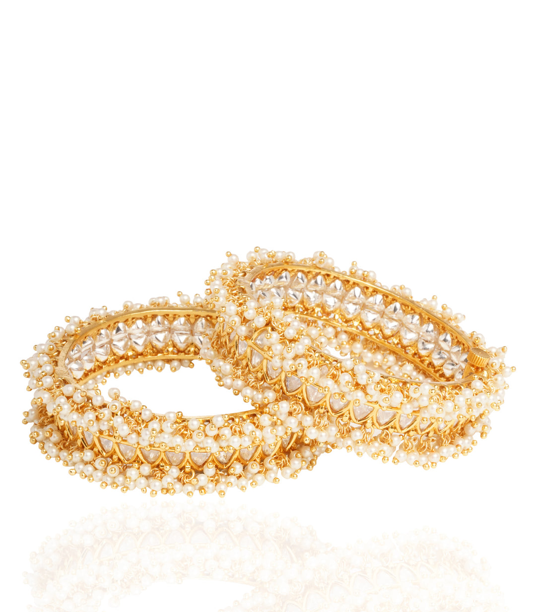 GOLD PLATED TWO LINE KUNDAN BANGLES WITH PEARLS