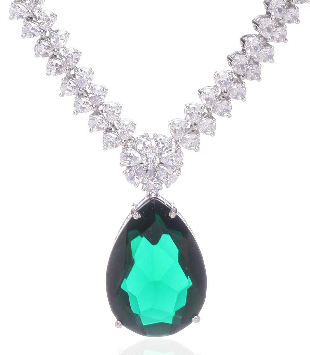 SILVER FINISH EMERALD GREEN DROP NECKLACE SET