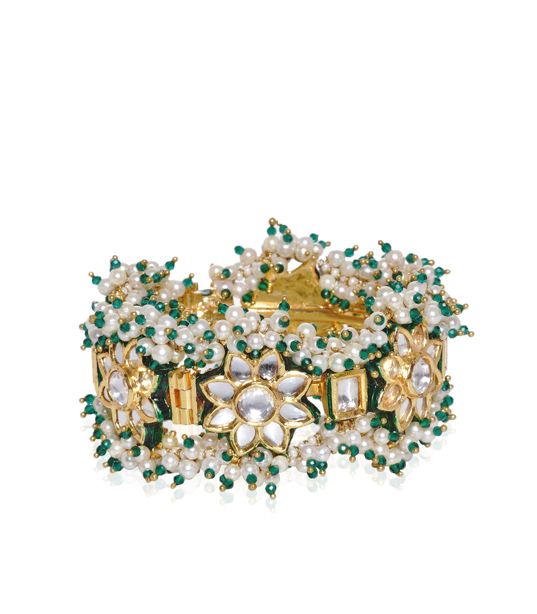 GOLD PLATED WHITE & GREEN KUNDAN BANGLES WITH WHITE & GREEN BUNCHES
