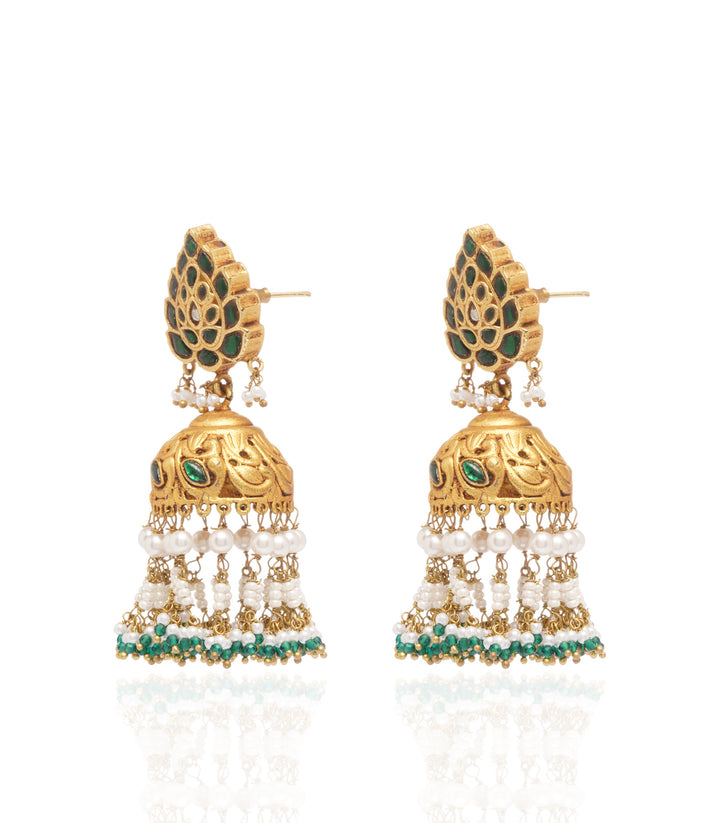 GOLD PLATED GREEN  JHUMKA EARRING WITH GREEM & WHITE PEARLS BUNCHES
