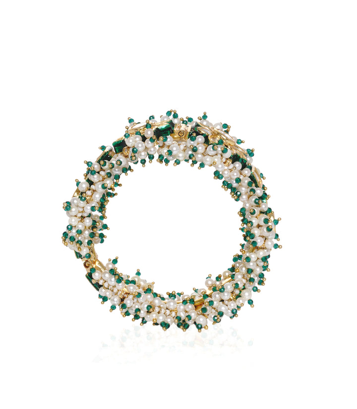 GOLD PLATED WHITE & GREEN KUNDAN BANGLES WITH WHITE & GREEN BUNCHES