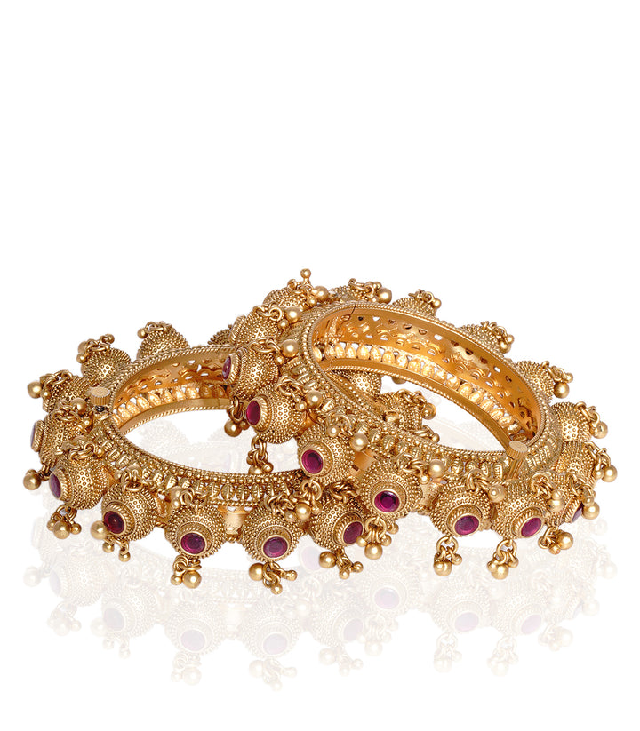 GOLD PLATED RED  TEMPLE OPENABLE PACHELI BANGLE WITH GHUNGROOS