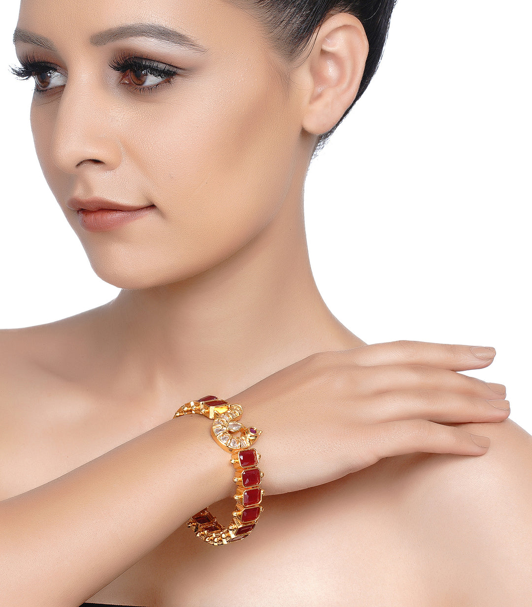 GOLD PLATED RED PEACOCK OPENABLE TEMPLE BANGLES