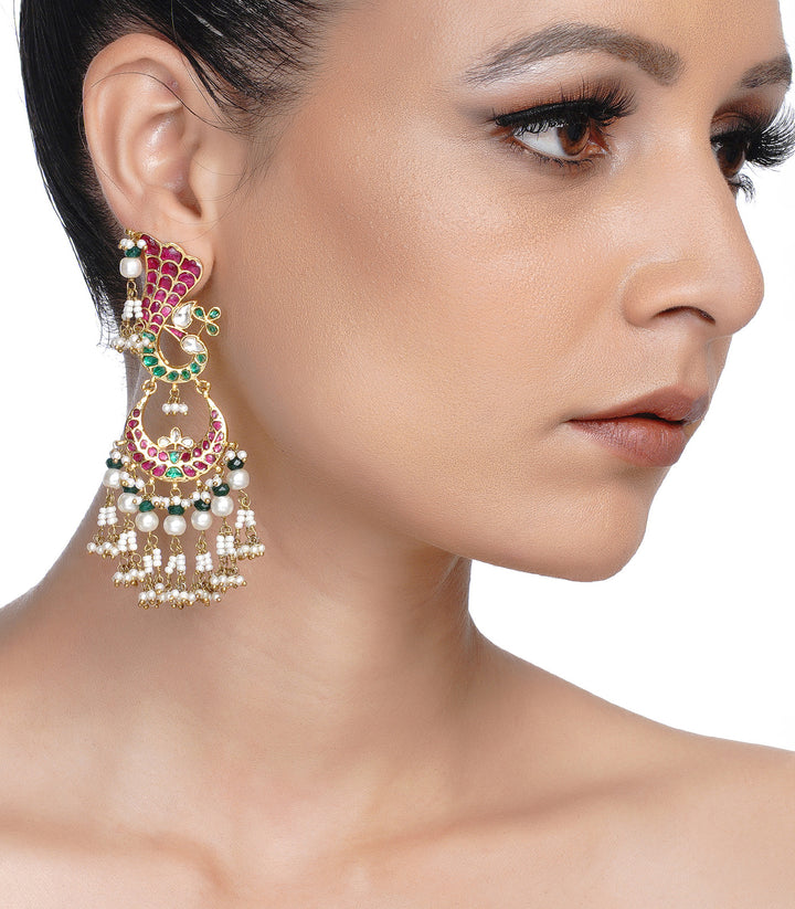 Red & Green Small Peacock Chandbali Earring With Green Onyx and White Pearls