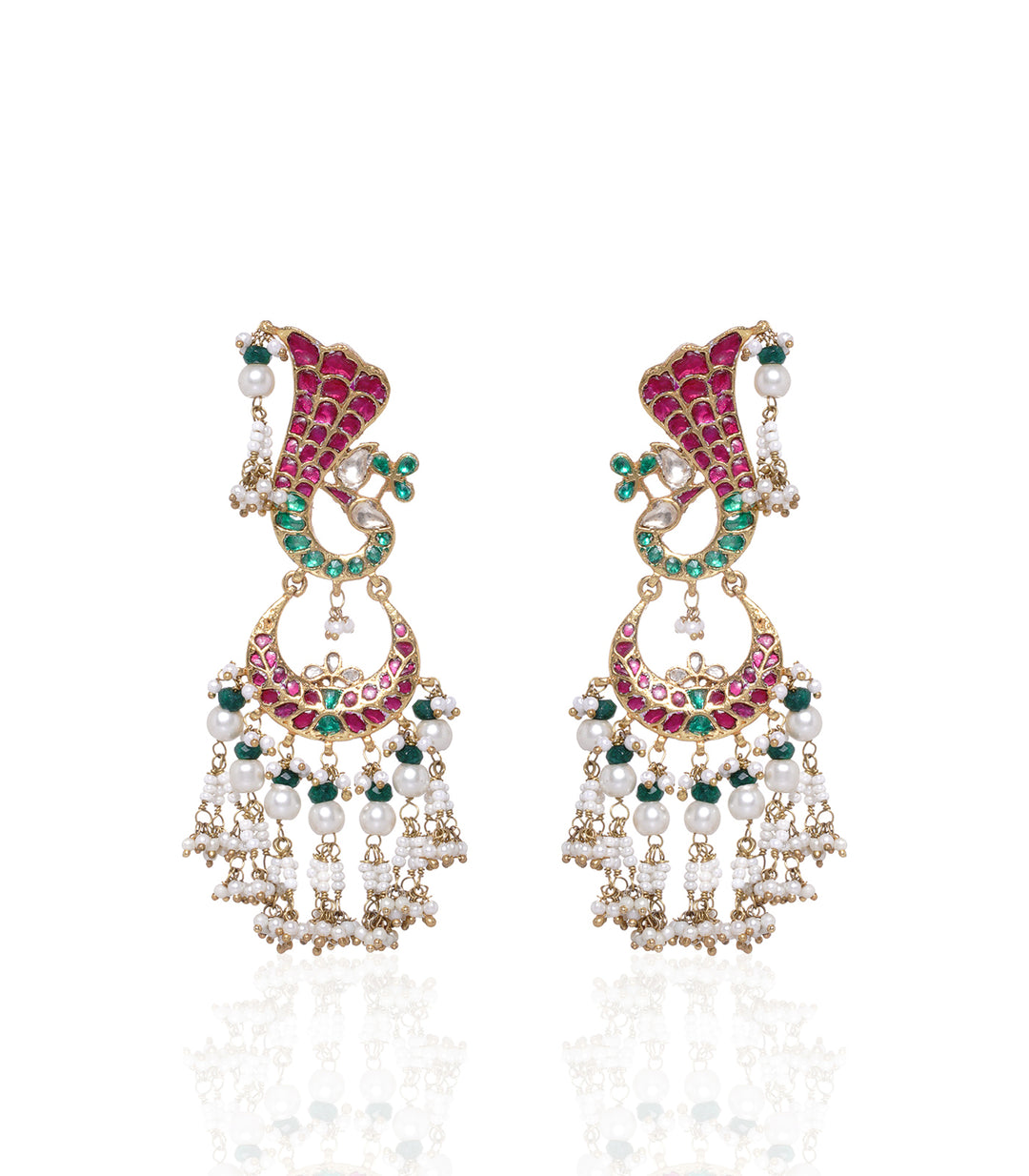 Red & Green Small Peacock Chandbali Earring With Green Onyx & White Pearls