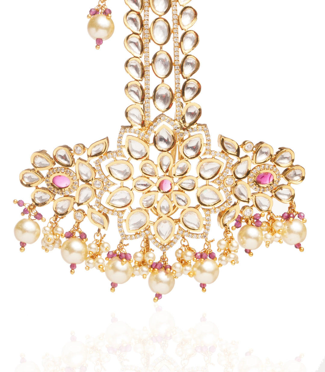 GOLD PLATED RED KUNDAN KALGI WITH PINK & WHITE DROPS