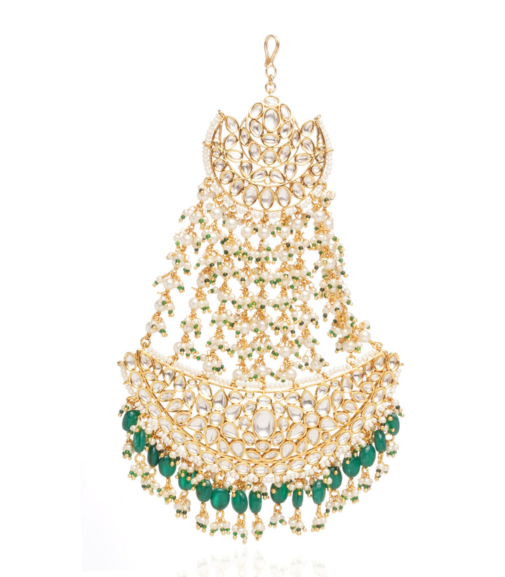 GOLD PLATED GREEN KUNDAN PASSA WITH GREEN & WHITE PEARLS