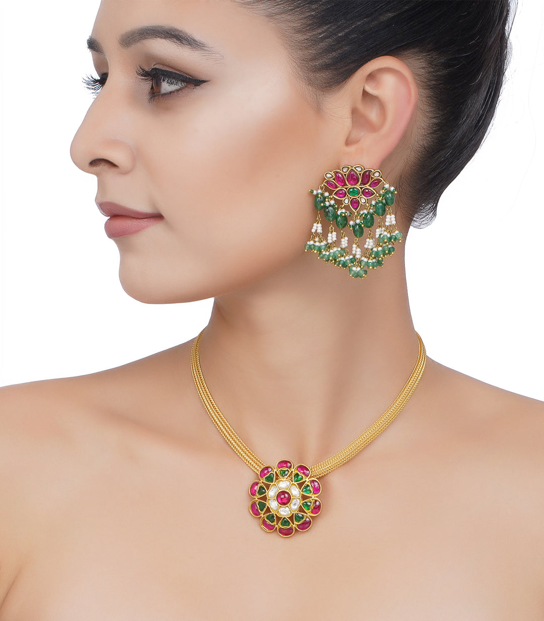 GOLD PLATED RED & GREEN KUNDAN   NECKLACE SET WITH CHAIN