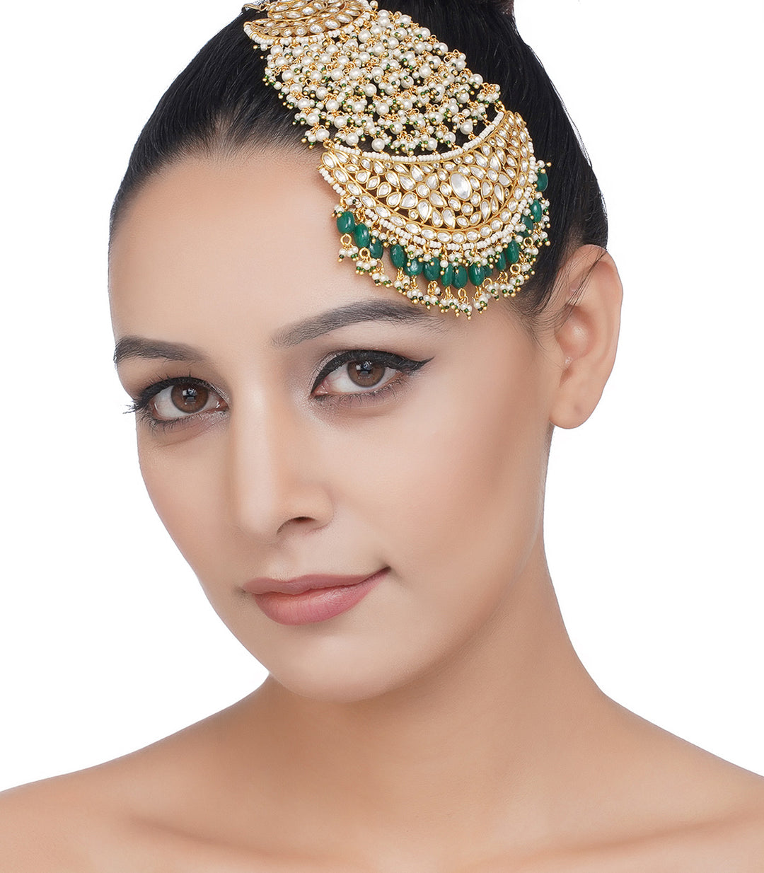 GOLD PLATED GREEN KUNDAN PASSA WITH GREEN & WHITE PEARLS