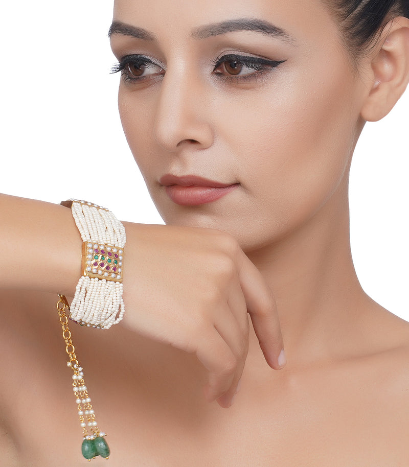 BuySend Estele Gold Plated 3 String Pearl Kundan Bracelet Online FNP