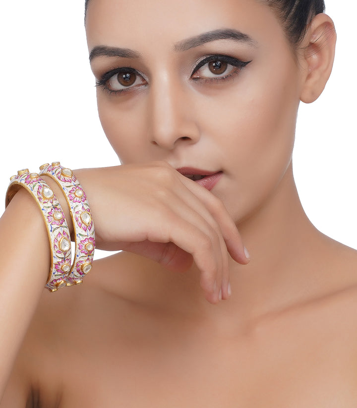 GOLD PLATED PINK FLOWER MEENA BANGLES