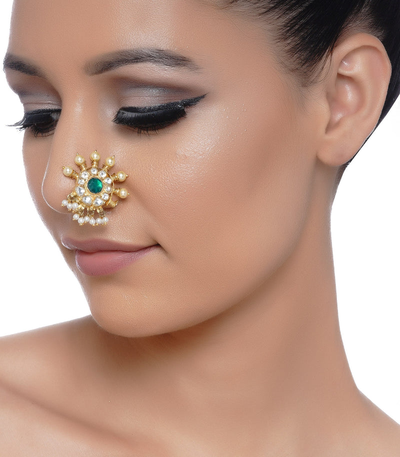 GOLD PLATED GREEN KUNDAN STUDDED BEADED HANDCRAFTED NOSERING