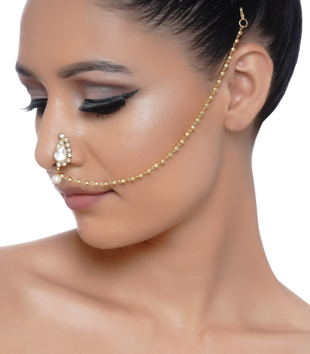 GOLD PLATED KUNDAN STUDDED WHITE DROP NOSERING