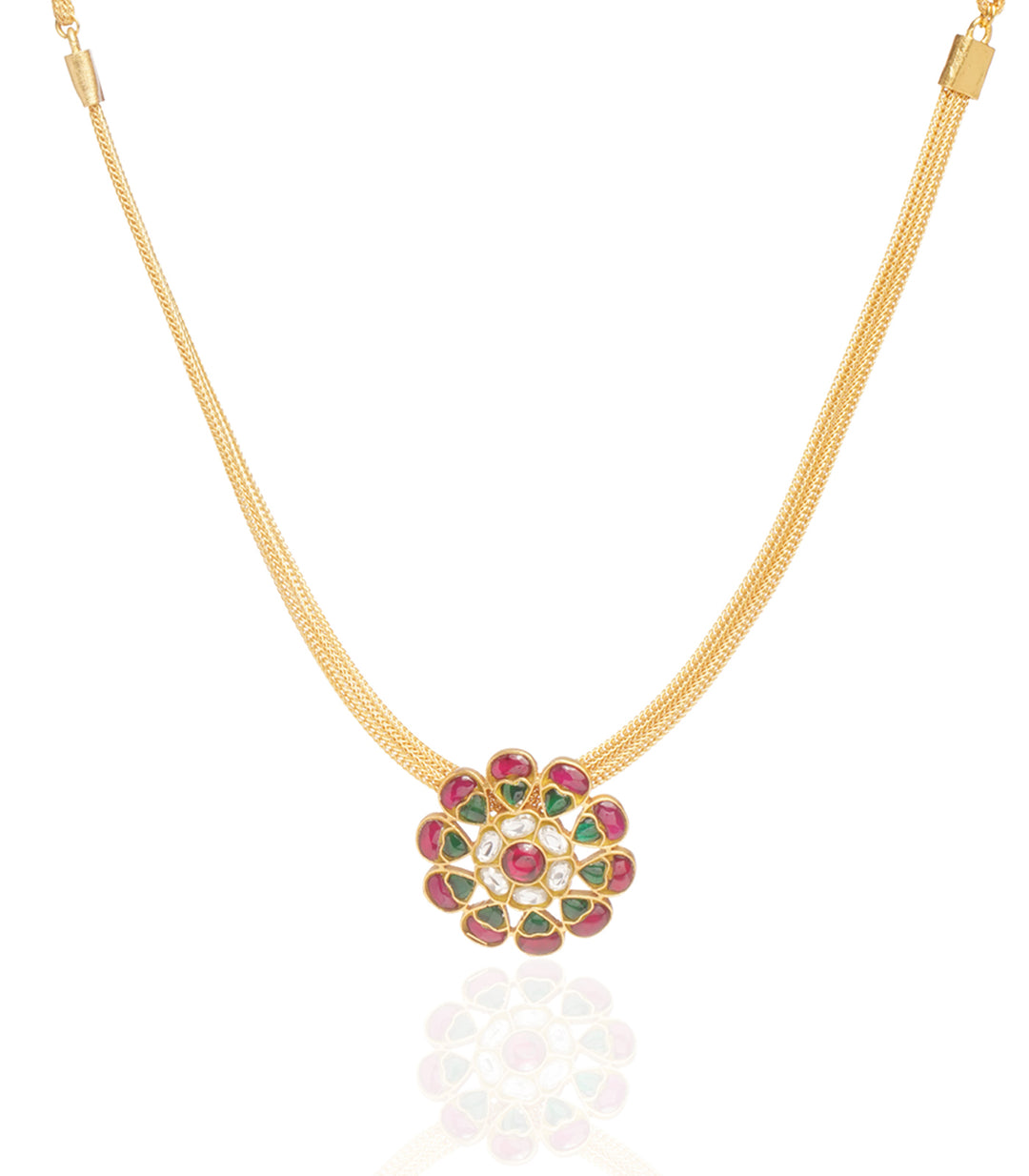 GOLD PLATED RED & GREEN KUNDAN   NECKLACE SET WITH CHAIN