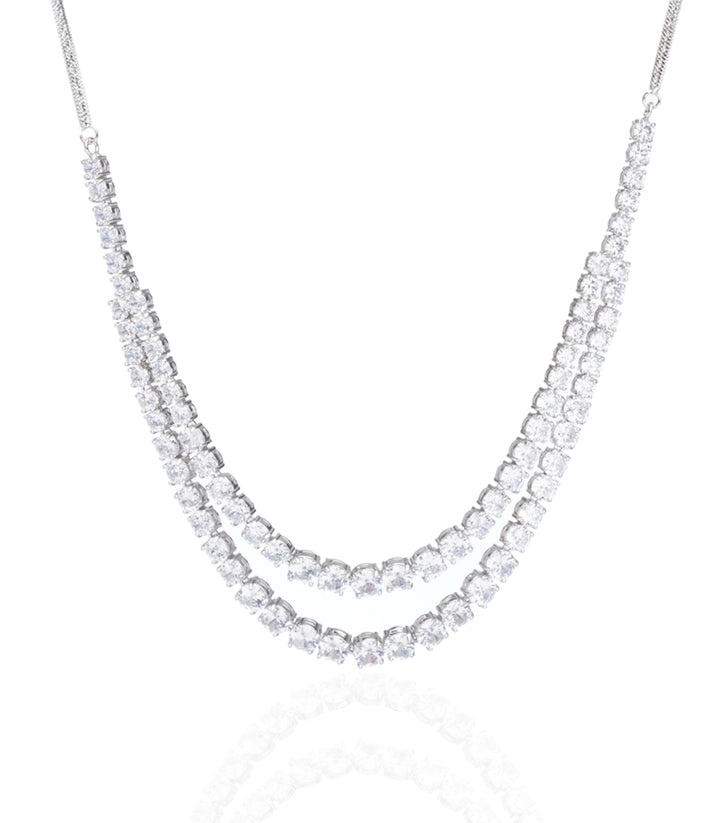SILVER FINISH TWO LINE ZIRCON NECKLACE SET
