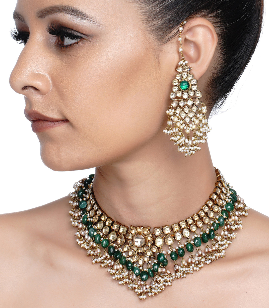 GOLD PLATED LIGHTWEIGHT GREEN KUNDAN NECKLACE SET WITH SMALL WHITE PEARLS & GREEN DROPS