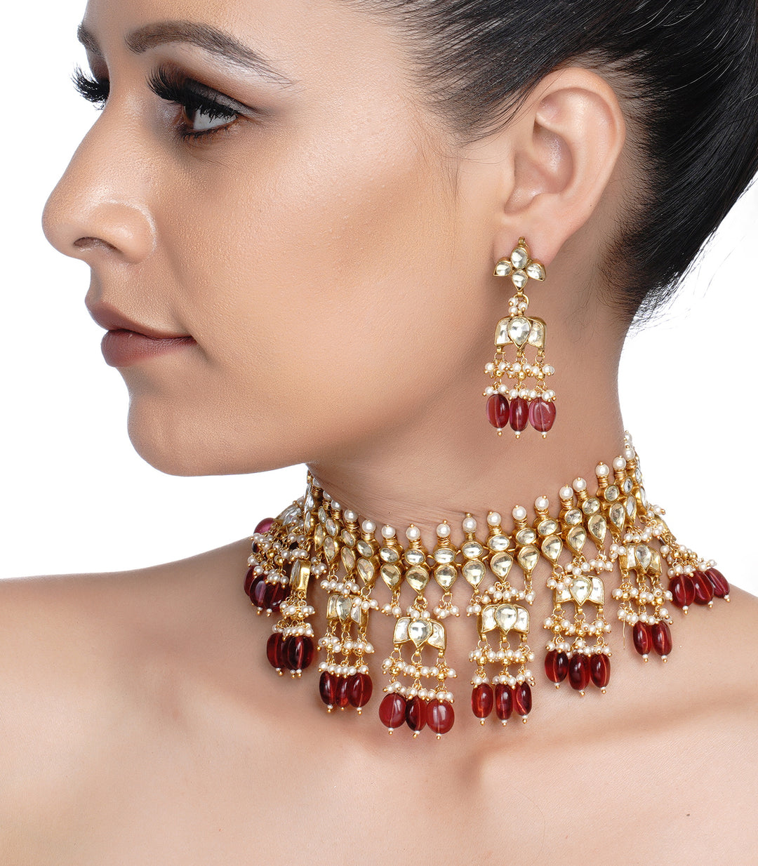 GOLD PLATED PINK KUNDAN CHOKER NECKLACE SET WITH WHITE PEARLS & TOURMALINE DROPS