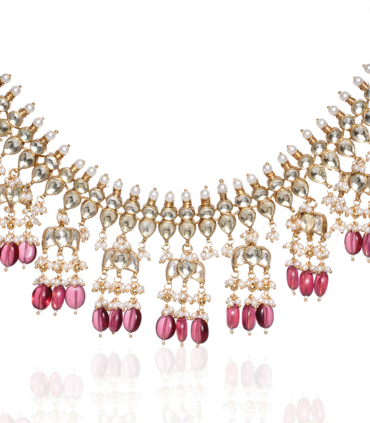 GOLD PLATED PINK KUNDAN CHOKER NECKLACE SET WITH WHITE PEARLS & TOURMALINE DROPS