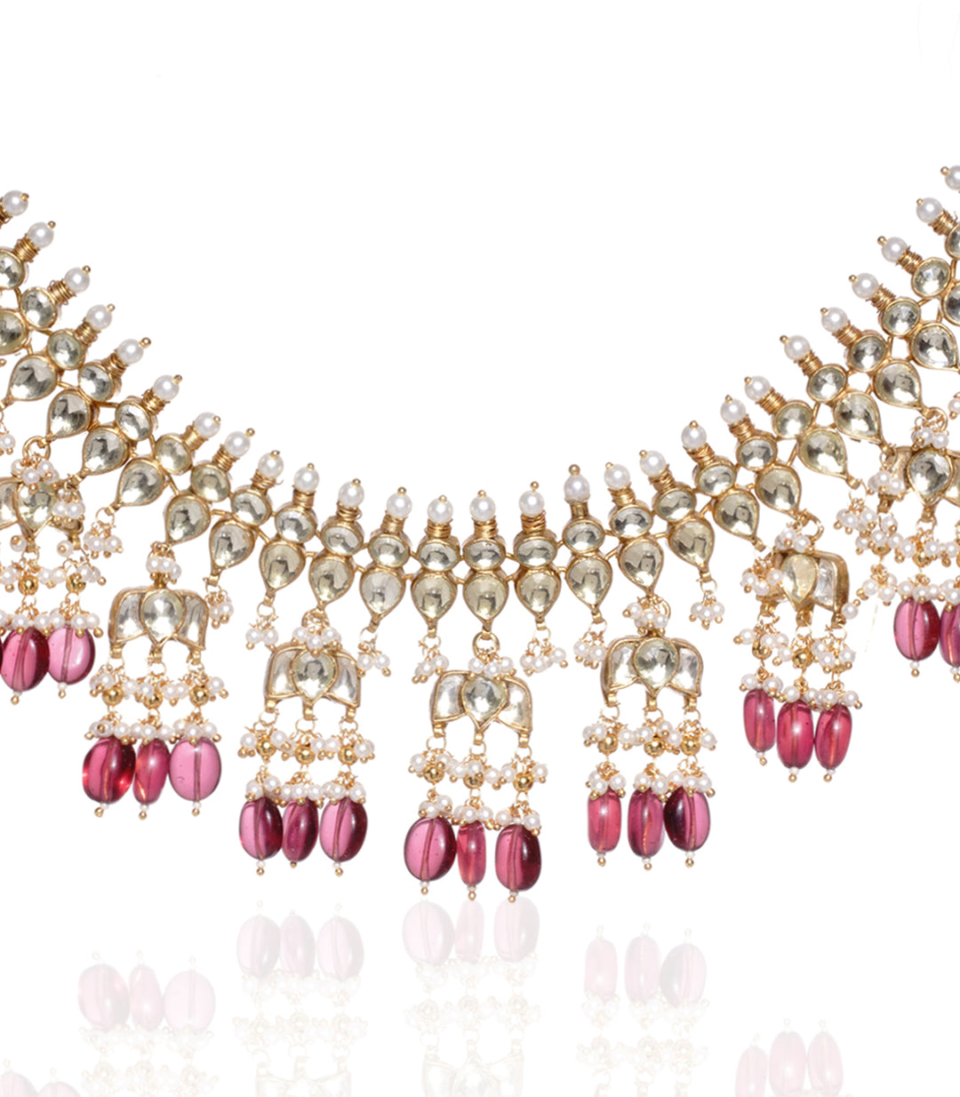 Gold Plated Kundan Choker Necklace Set With Pink Beads & Matching Mang –